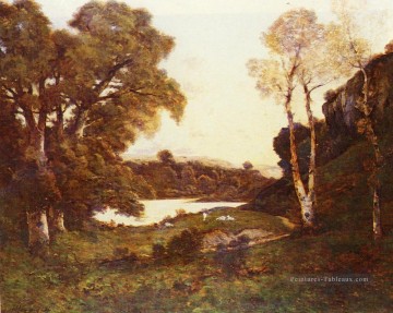Français 1819 à 1916 Chèvres paissant à côté d’un paysage de lac Barbizon Henri Joseph Harpignies Peinture à l'huile